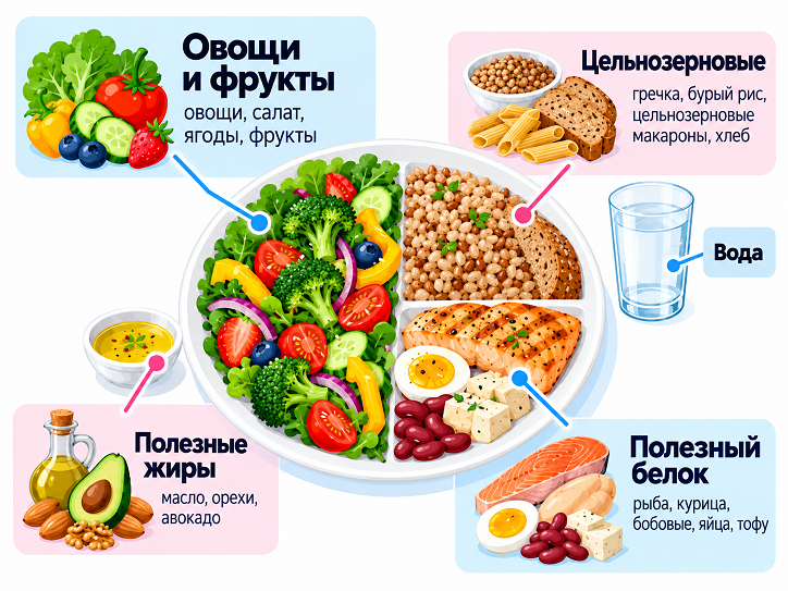 Гарвардская тарелка здорового питания: овощи, зерновые и белковые продукты